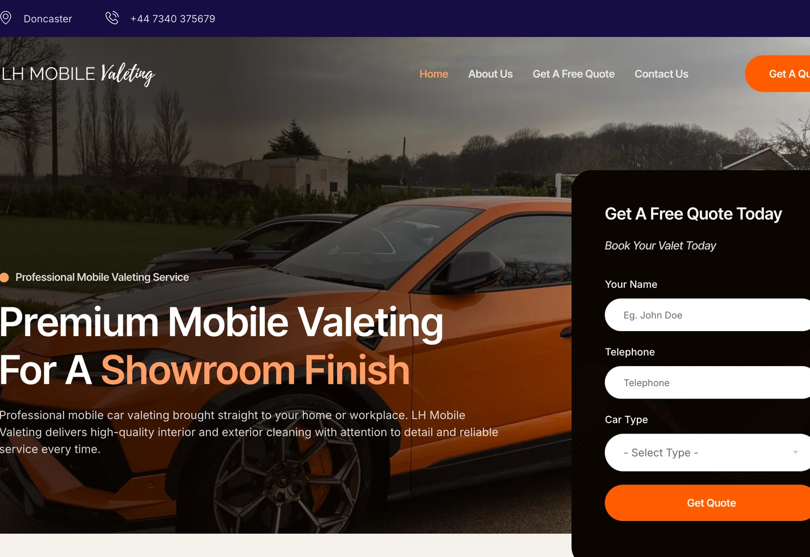 The LH Mobile Valeting homepage on a desktop browser: a photograph of a valeted car behind the headline “Premium Mobile Valeting For A Showroom Finish”, with a quote form alongside it.